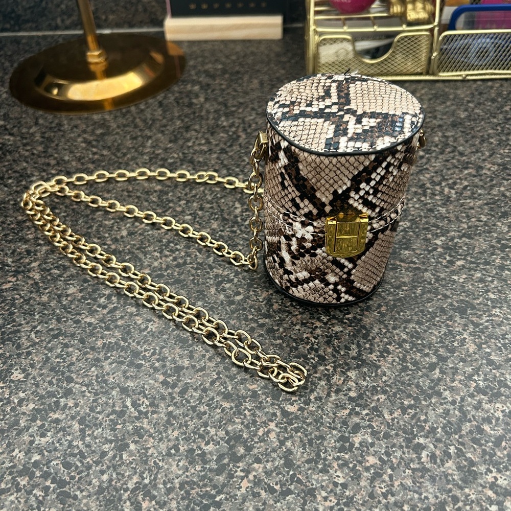 Snakeskin Cylinder Crossbody Bag with Gold Chain